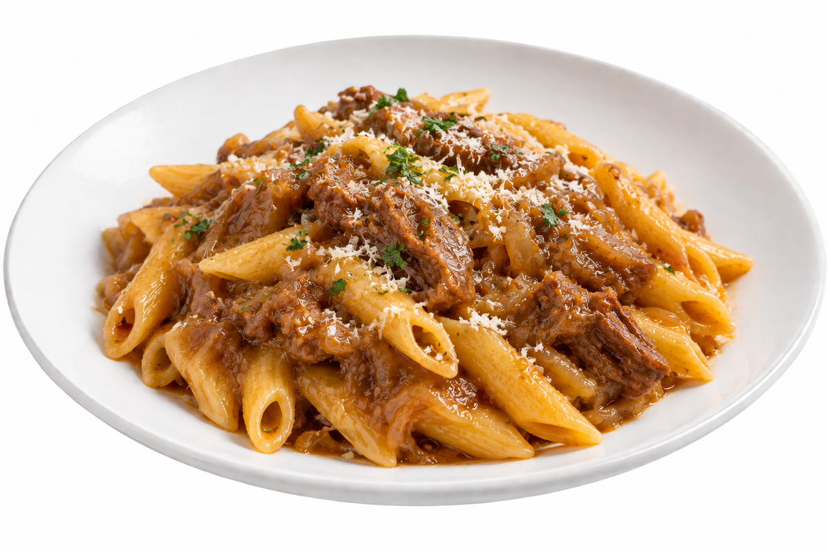 Penne de Ziti alla Genovese Napoletana– Neapolitanische Genovese mit Zwiebeln und Fleisch