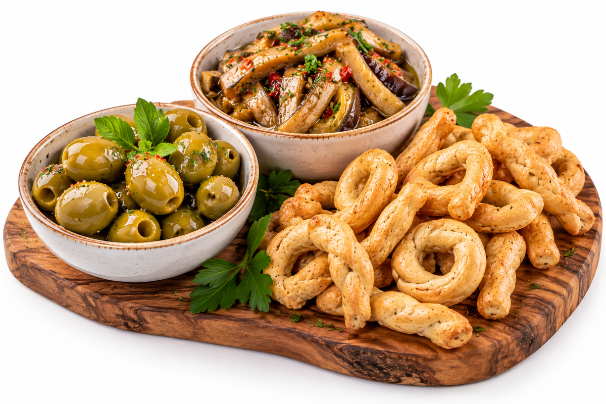 Olive Verdi, Melanzane e Taralli – Il Tris Mediterraneo -Grüne Oliven, Auberginen und Taralli – Das mediterrane Trio