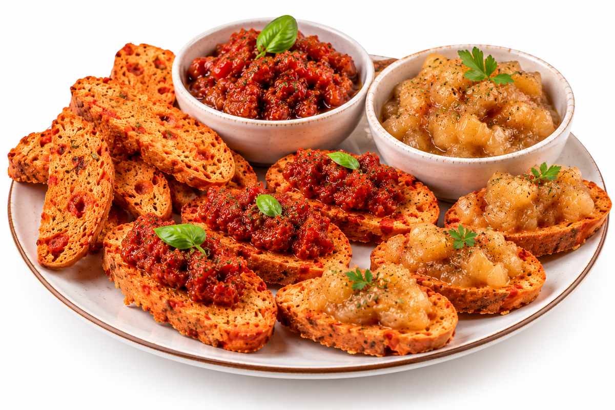 Snack-Focaccine mit Tomate-Brotsnack und Bruschetta- Aufstriche