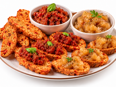 Snack-Focaccine mit Tomate-Brotsnack und Bruschetta- Aufstriche