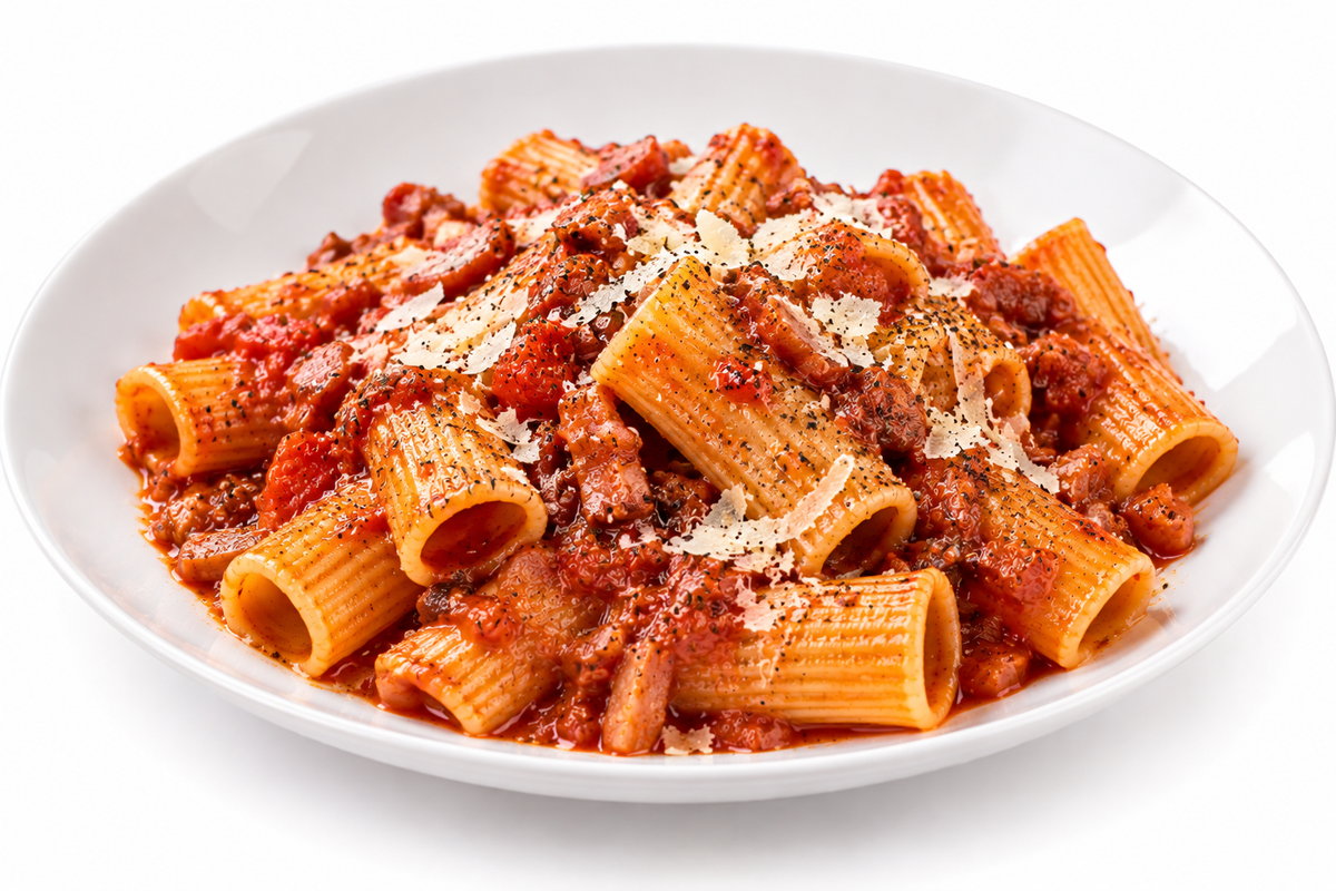 Rigatoni all'Amatriciana – mit Tomate, Guanciale und Pecorino
