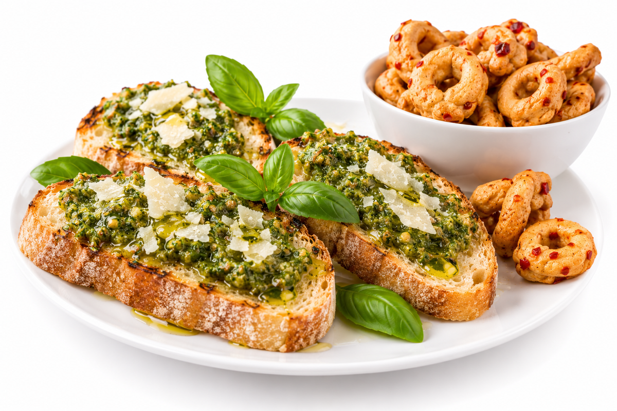 Bruschetta al Pesto Genovese con Taralli al Peperoncino - Bruschetta mit Pesto Genovese und Taralli mit Chili