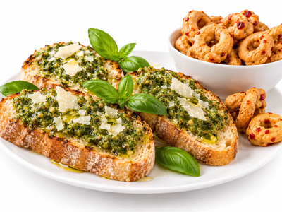 Bruschetta al Pesto Genovese con Taralli al Peperoncino - Bruschetta mit Pesto Genovese und Taralli mit Chili