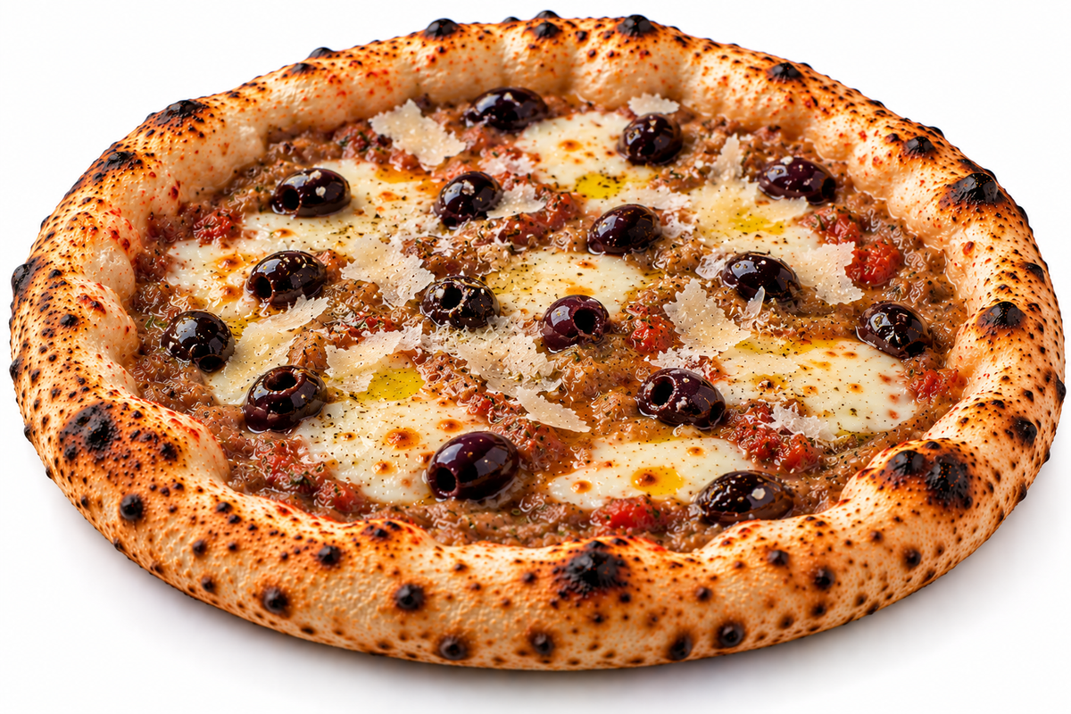 Pizza mit gerösteten Auberginen und schwarzen Oliven (Premium)