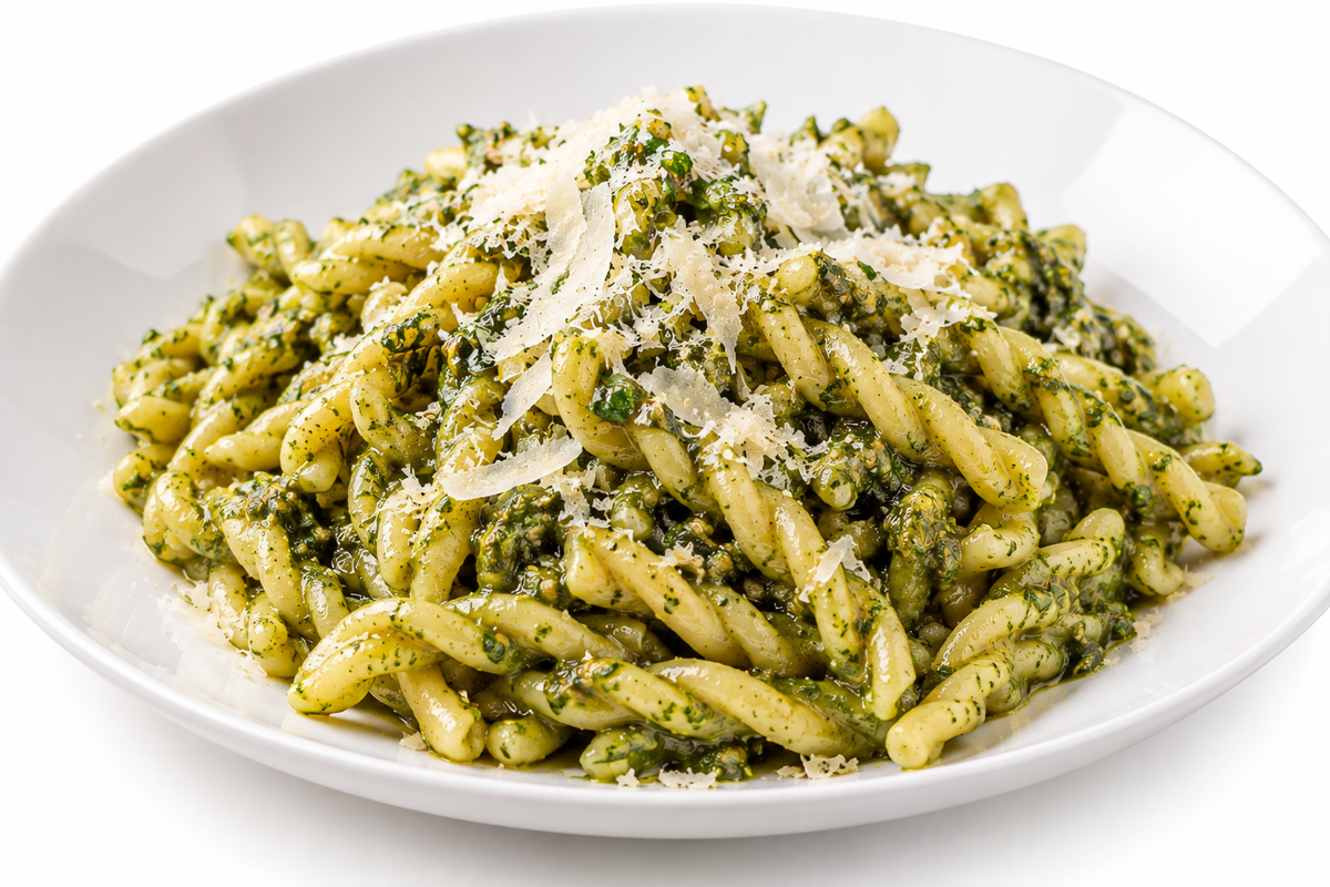Fusilli al Ferretto mit Pesto alla Genovese und Parmigiano