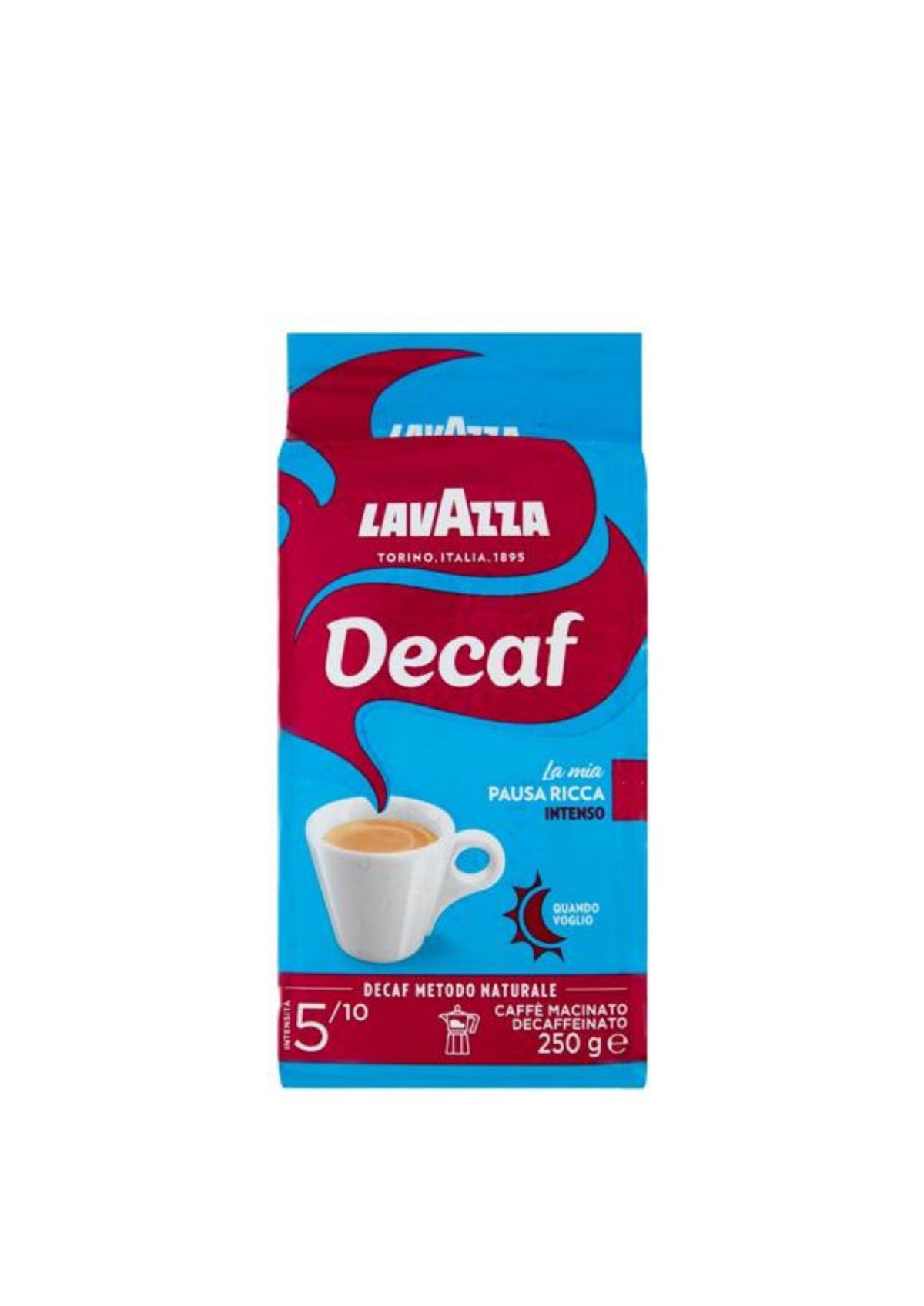 Lavazza Dek Intenso Gemahlener Kaffee entkoffeiniert (250g) – voller Espresso-Geschmack & kräftig geröstet für Moka
