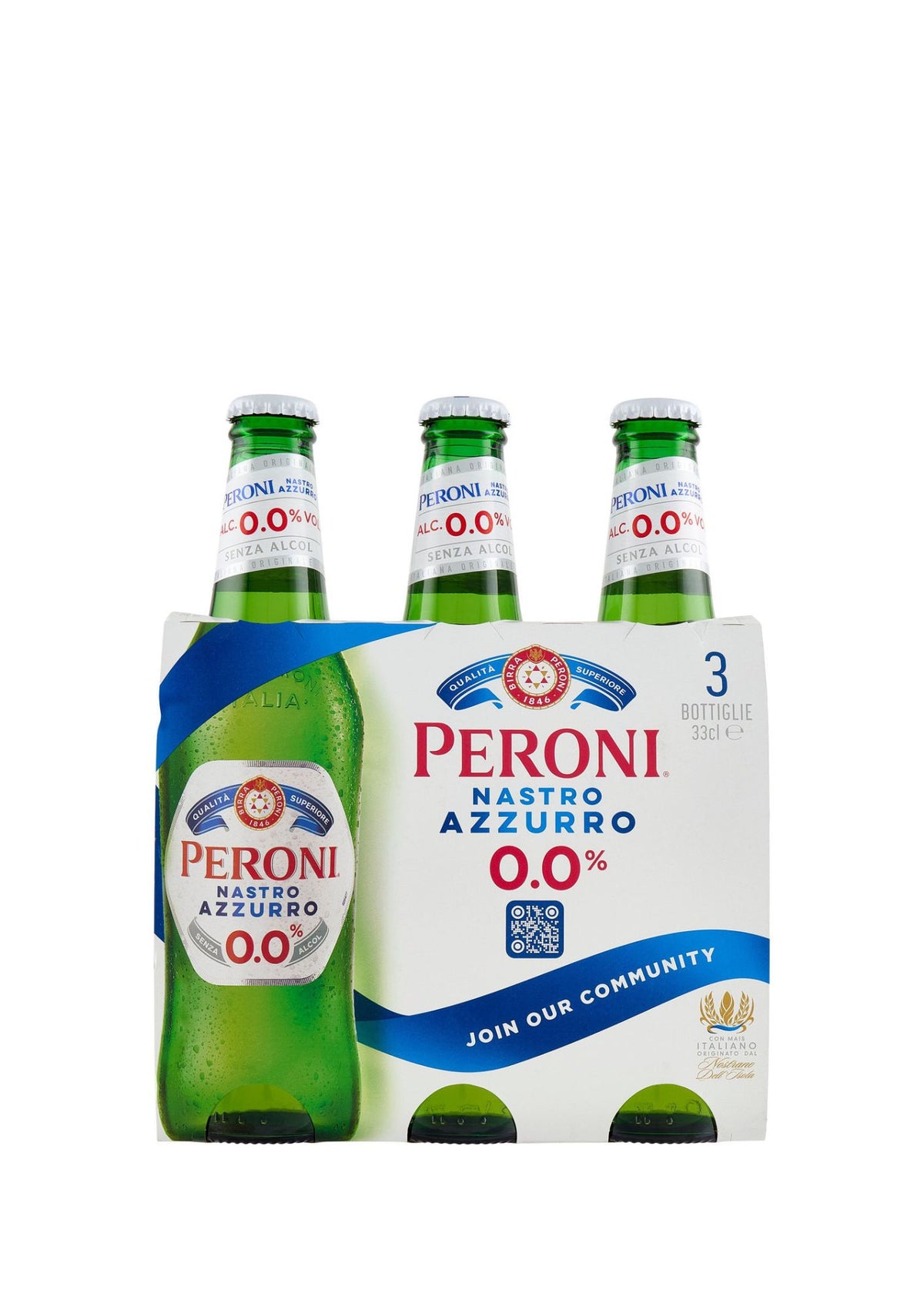 Peroni Nastro Azzurro 0.0% Alkoholfreies Bier (3er-Pack / 3 x 0,33L) Glasflaschen – italienisches Premium Lager Original
