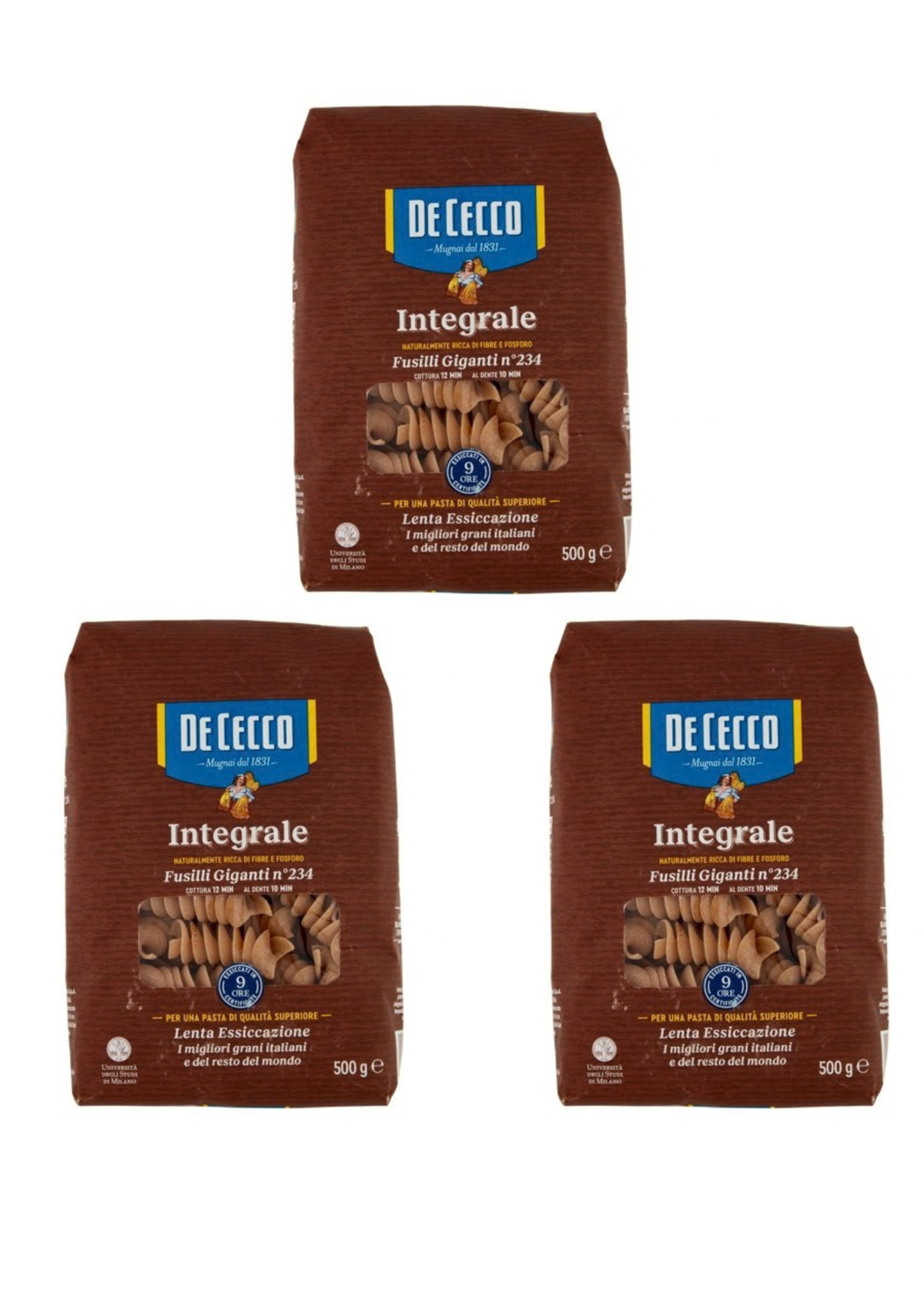 De Cecco Integrale Fusilli Giganti N° 234 (3er-Pack / 3 x 500g) – Vollkorn-Pasta aus den Abruzzen – italienisch Original