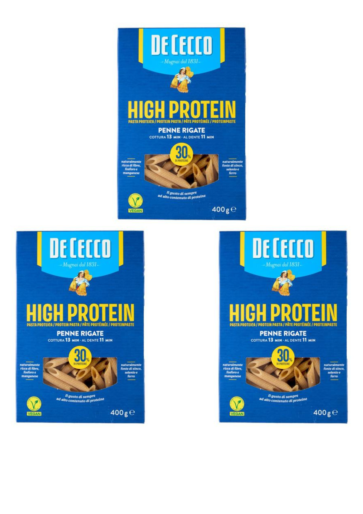 De Cecco High Protein Penne Rigate N° 41 (3er-Pack / 3 x 400g) – Protein-Pasta mit 30 % Eiweiß aus Italien – italienisch Original