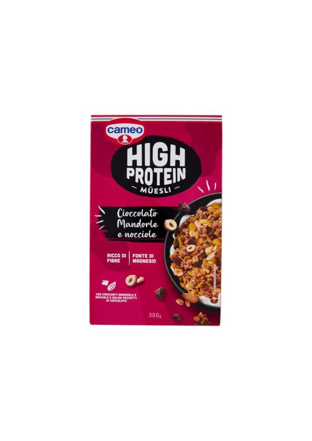 Cameo High Protein Müesli – Knuspriges Protein-Müsli mit Zartbitterschokolade, Mandeln und Haselnüssen – italienisch Original – 1 × 300 g