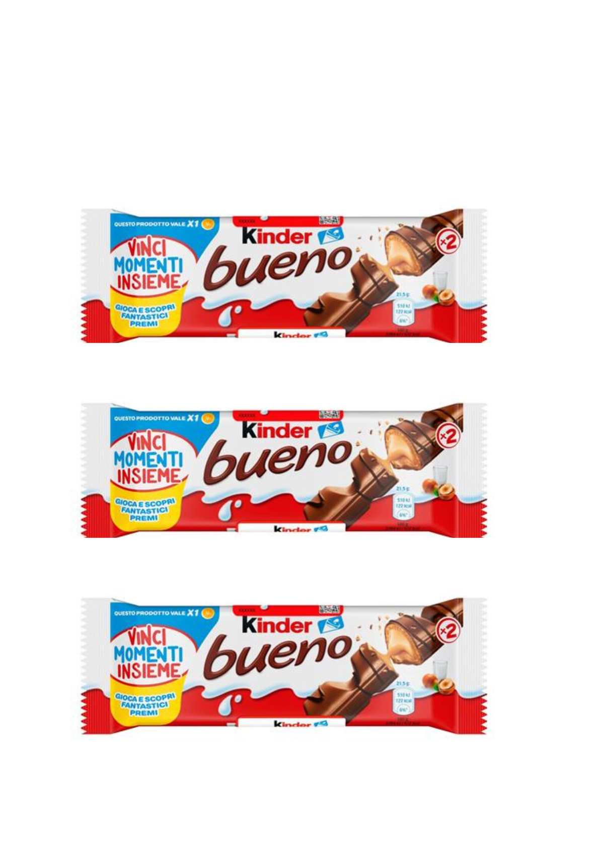 Kinder Bueno – Waffel mit Milch-Haselnuss-Füllung und Vollmilchschokolade-italienisch Original- (3er-Pack) - 3x43g