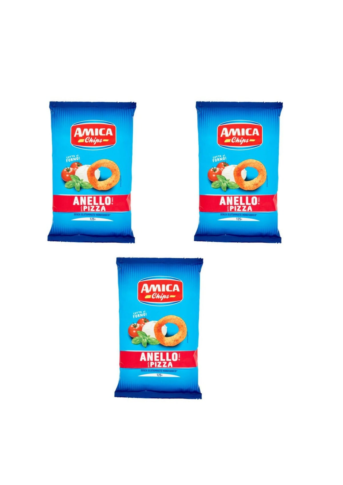 Amica Chips Maisringe mit Pizzageschmack 125 g (3er-pack) – 3x120 g – Original italienischer Snack (Copia)