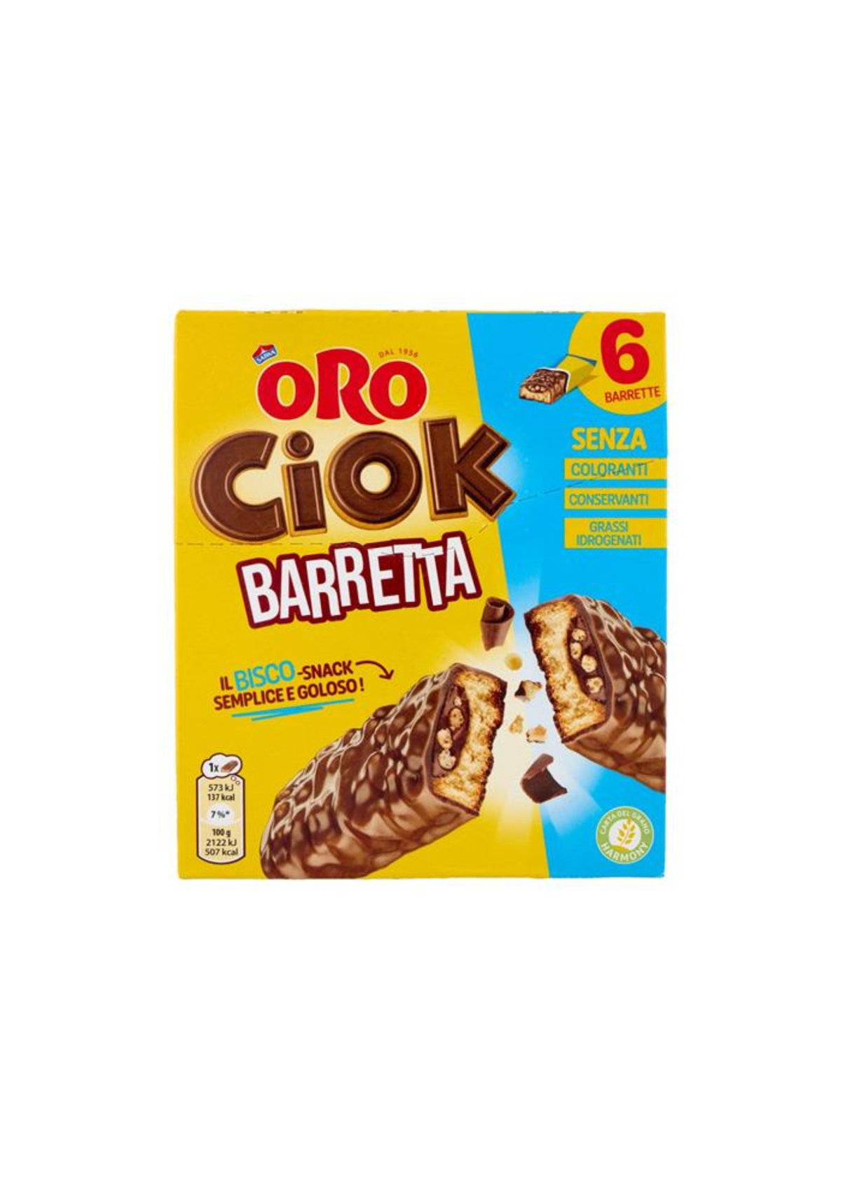 Oro Ciok – Knusprige Keksriegel mit Kakaocreme, Cerealien und Milchschokoladenüberzug -italienisch Original- (6er-Pack) – 6 × 27 g